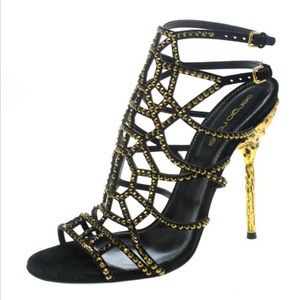Sergio Rossi Black Suede Crystal Embellished Sandals with Gold Heel Size 39